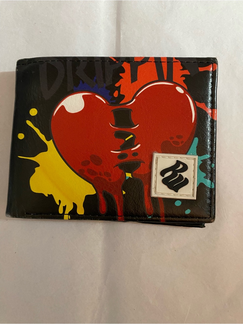 Rocawear Black Wallet with Red Heart and Yellow Paint Splatter